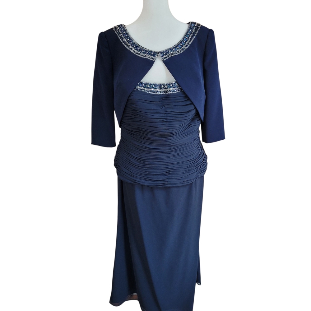 Montage by Mon Cheri Midnight Blue Beaded Formal Gown And Bolero Jacket Sz 12